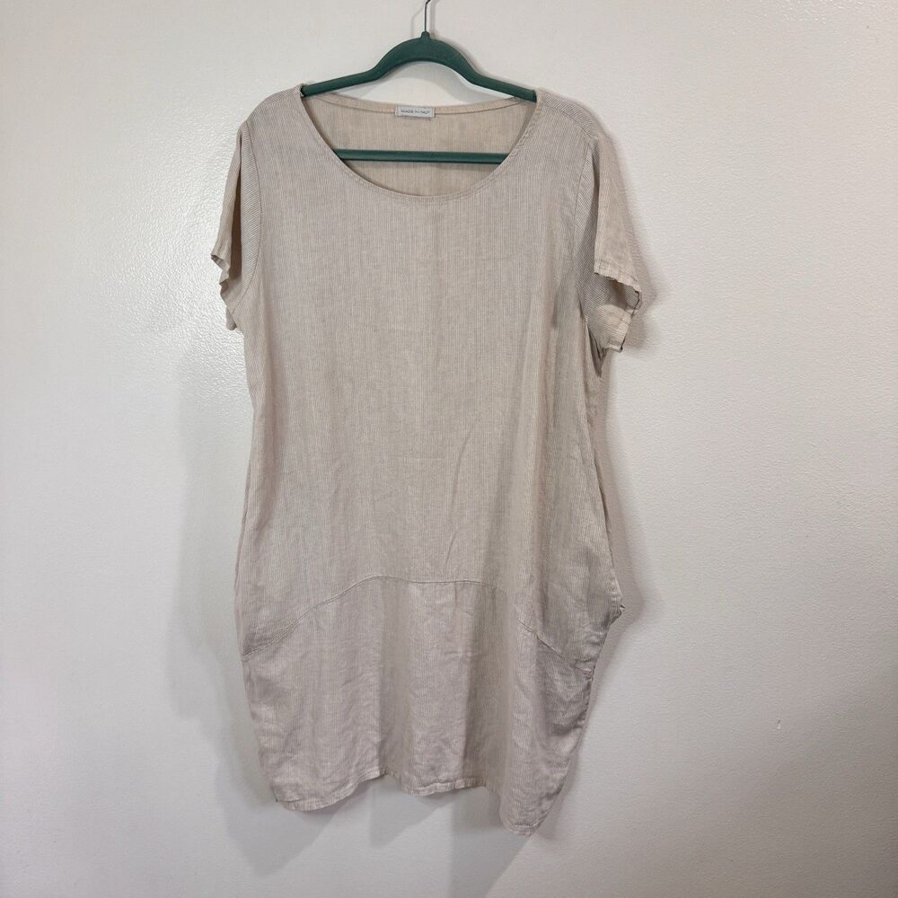 Made in Italy T-shirt Dress 1X 100% Linen Tan White Stripe Pockets Chic Lagen